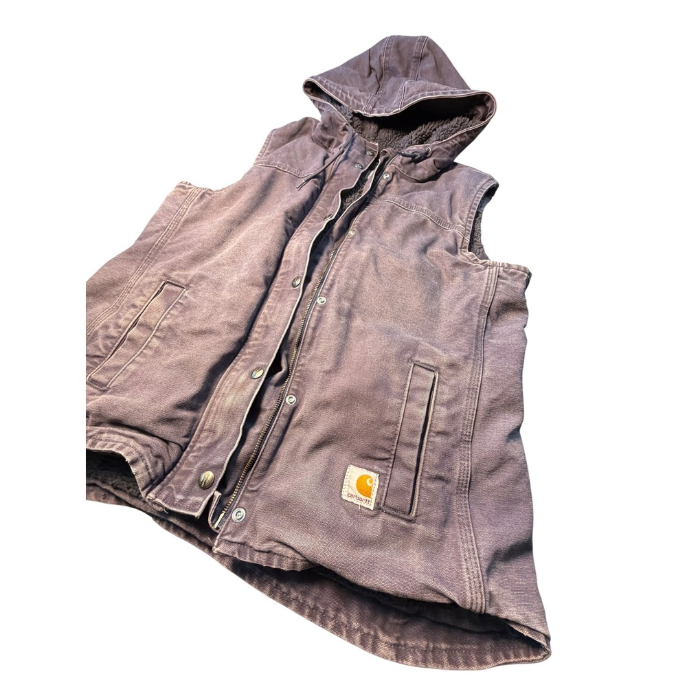 Vtg Carhartt Women's Sandstone Duck Sherpa Lined Hooded Vest Faded Gray Lilac - Picture 3 of 10